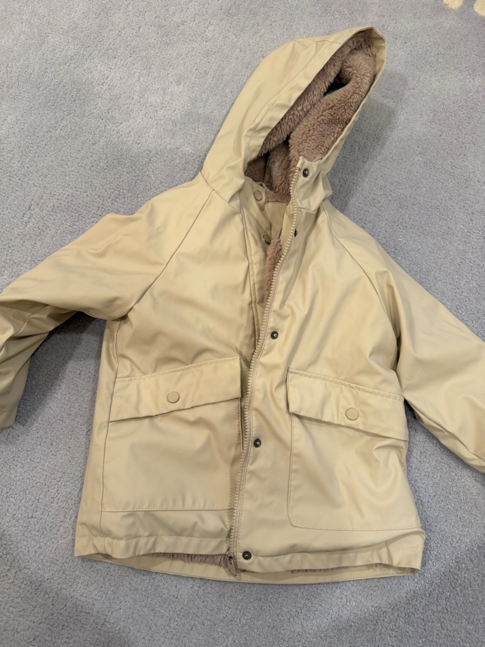 Zara kids Beige Hooded Kids Raincoat with Faux-Sherpa Lining